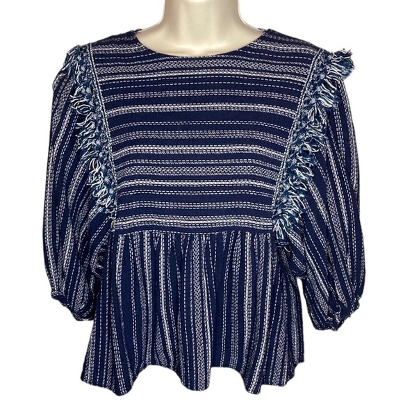 Blue Rain | Blue Striped Puff Sleeve Crop Top M - Picture 1 of 5